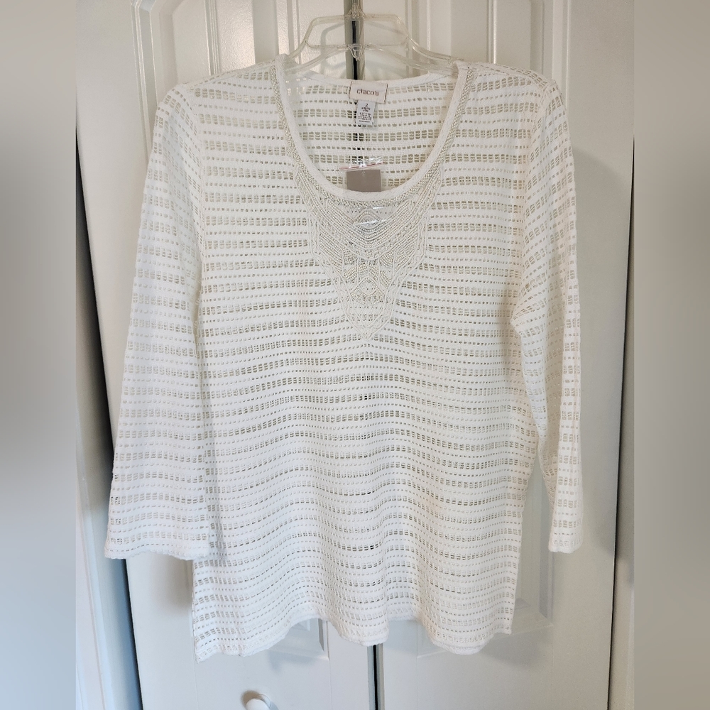 Beautiful Chico's Ecru "Embellished Ella" Knit Top Sz2  NEW!!